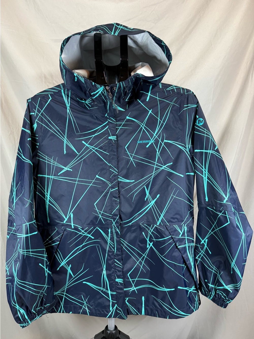 Merrell Lightweight Hooded Rain Jacket Navy/Turquoise Print - Large